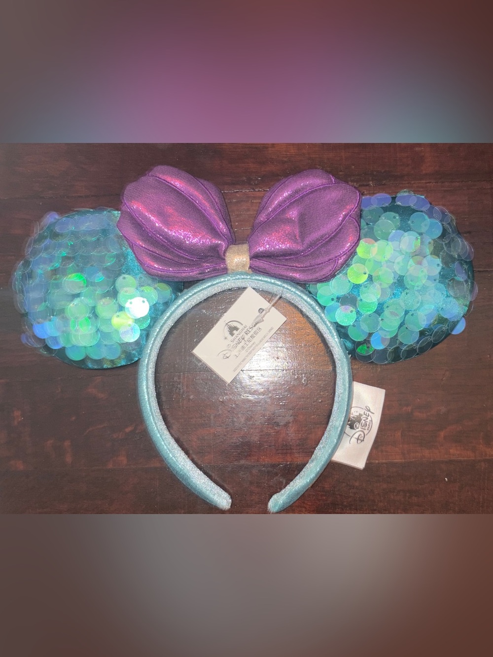 Sequin Mermaid Ear Headband with Purple Bow and Aqua Accents - Picture 2 of 4